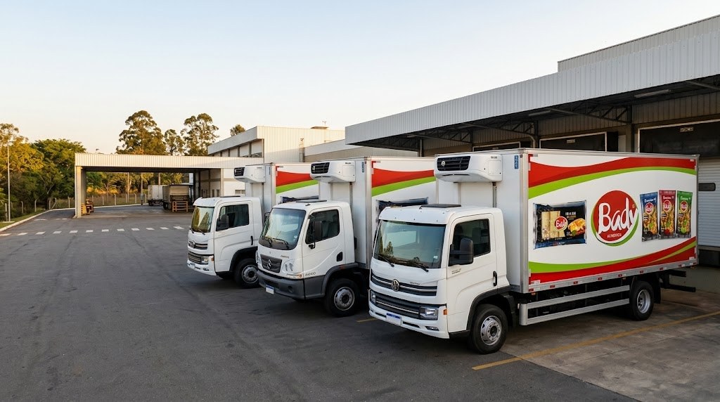 Caminhões refrigerados da frota Bady no pátio da fábrica